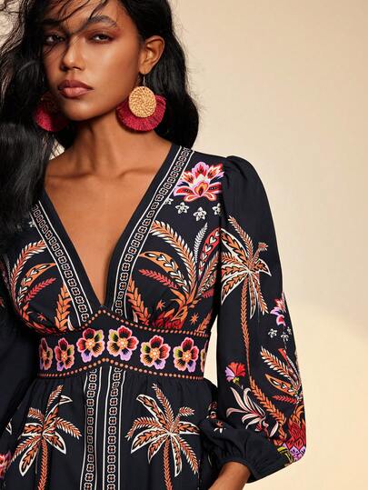 Travachic Women's Fitted V-Neck Mini Dress With Printed Woven Fabric, Suitable For Spring/Summer Vacation,Vacation Casual Terno Outfit For Women,Summer Holiday Outfits,Spring Break Outfits,Party Outfit,Beach Outfit,Spring Clothing,Valentine's Day,Valentine Outfits For Women,Carnival Costume,Elegant,Floral,Carnival,Spring To Summer ,Party ,Summer Dress,Valentine's Day Dress,Wedding Guest Dress For Women,Birthday Dress,Party Dress,Elegant Dresses For Women,Floral Dress,Summer Dress,Carnival Costume, Mexican Style Dress Women Boho Dress For Women, ,Summer Dress,Spring Dresses For Women