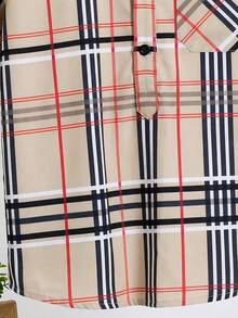 SHEIN 男童休闲格子领短袖衬衫，半拉链设计，适合通勤、上学、日常休闲穿着、运动、春夏穿着 - 彩色 - 查看 8