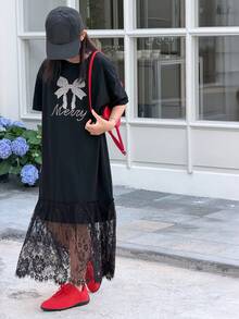 Dazy Kids Tween Girl Butterfly Print Lace Patchwork Round Neck Dress - Black - View 2