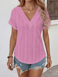EMERY ROSE Camiseta casual versátil de mujer con cuello en V, manga corta y estampado floral de jacquard, nueva llegada para primavera/verano - Rosa Fucsia - Ver 3