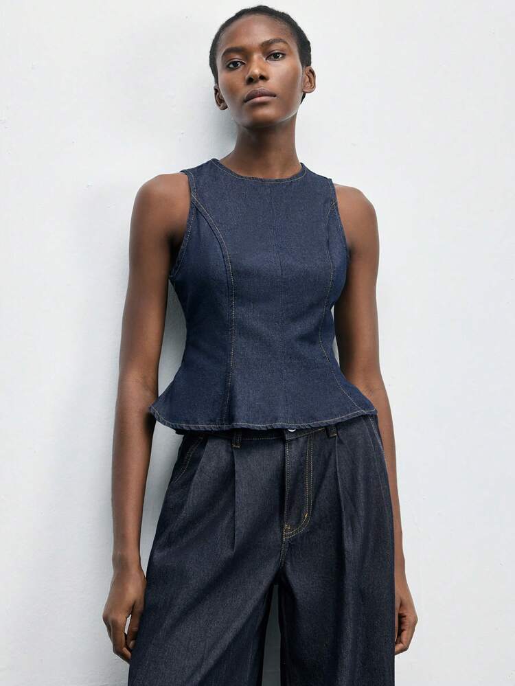 SHEIN Maija Women's Raw Denim Sleeveless Round Neck Top With A Fitted Waist, Perfect For Summer Work And Casual Wear