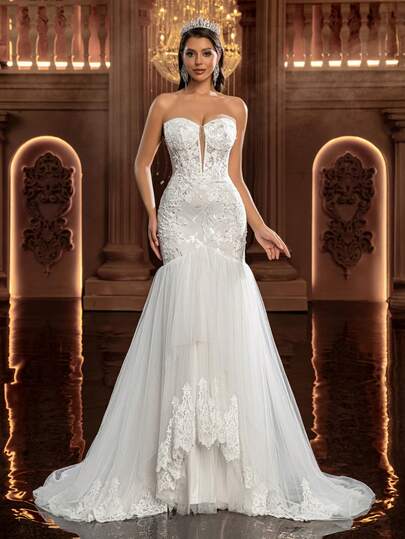 Glamrae Elegant Luxurious Embroidered Lace Applique Bustier Mermaid Layered Tulle Trailing Romantic Lace Applique Wedding Dress, Suitable For Weddings, Parties, Honeymoons, Bridal Gowns