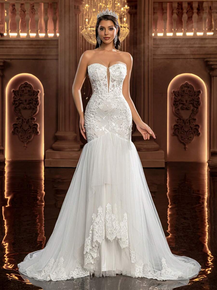 Glamrae Elegant Luxurious Embroidered Lace Applique Bustier Mermaid Layered Tulle Trailing Romantic Lace Applique Wedding Dress, Suitable For Weddings, Parties, Honeymoons, Bridal Gowns - White - View 1