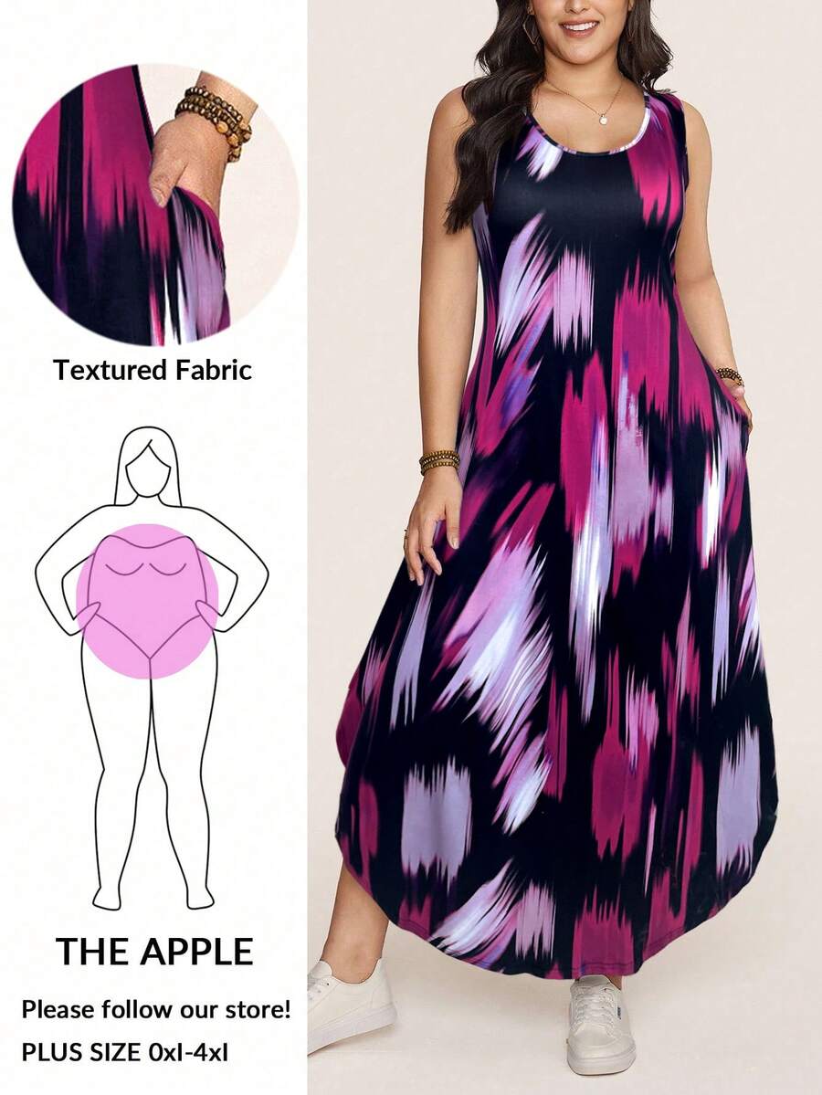 Comfylo 大码女装夏季服装无袖圆领夏季女装彩色情人节女装抽象印花长款夏季休闲度假波西米亚风连衣裙万圣节女装冬季女装复古假日女装 - 紫色 - 查看 1