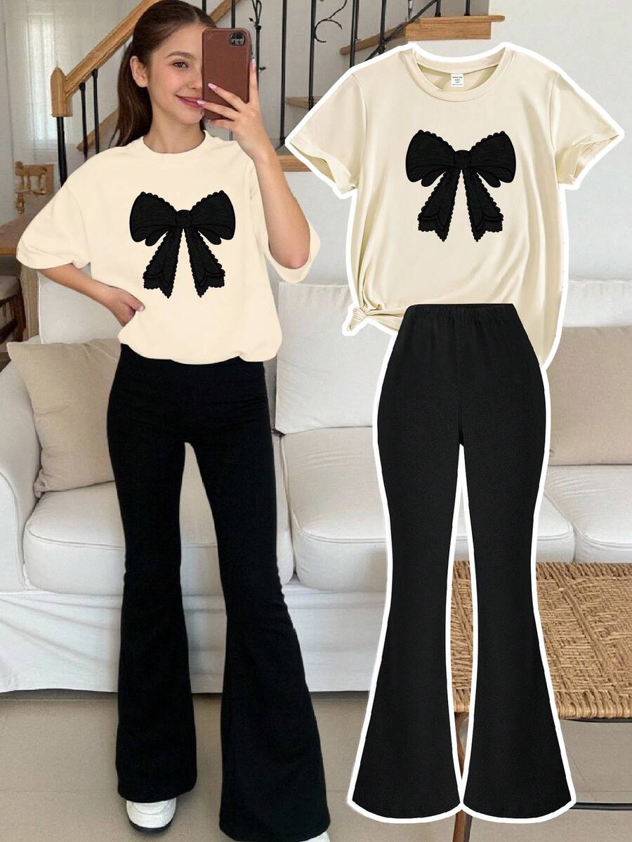 Young Girls' Cute Summer Back-To-School 2 Piece Set,Beige Short Sleeve Bow Pattern T-Shirt With Black Flare Pants,Teen Girl School Bell Bottom Outfits - Multicolor - View 1