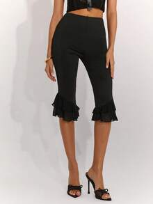 SHEIN BAE Women's Elegant Black Ruffled Midi Trousers For Spring/Summer, Capri Trousers, Vacation Trousers, Casual Trousers, Party Trousers, Summer Trousers, Cruise Trousers, Spring Break Trousers, Brunch Trousers, Vacation Trousers, Holiday Trousers, Ruffled Trousers, Fashionable Trousers.Black Pants - Black - View 3
