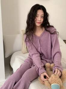 DAZY 少女纯色长袖单排扣上衣和裤子睡衣套装 - 粉色 - 查看 3