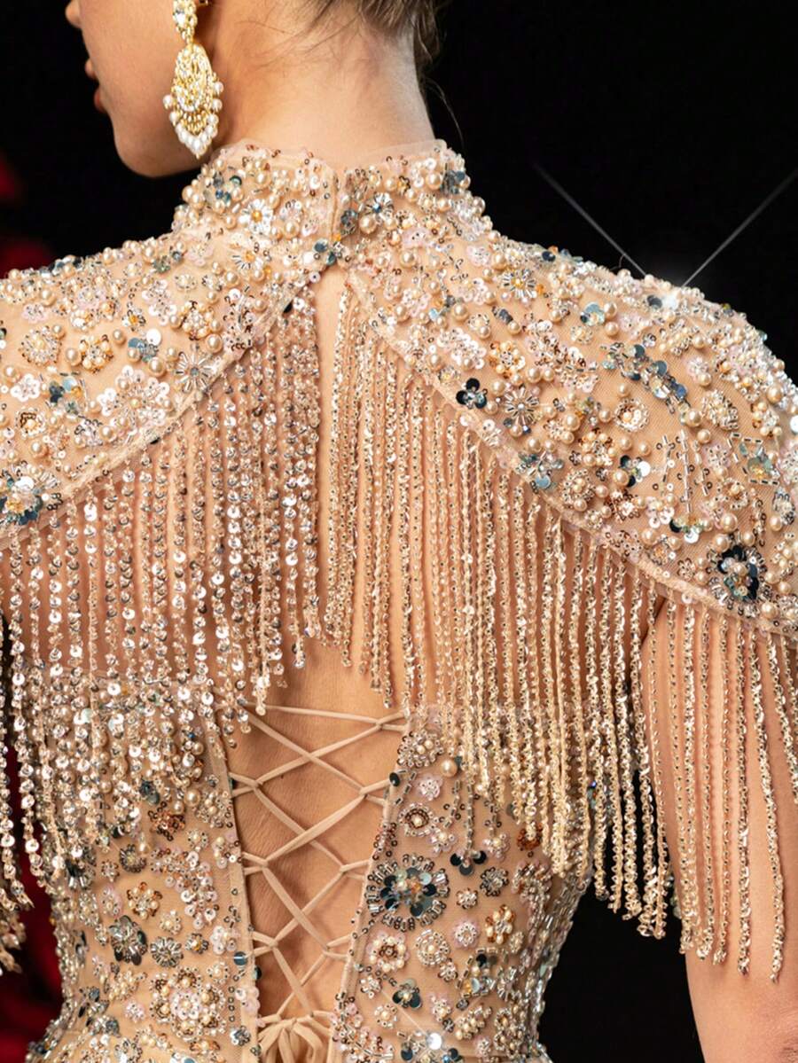 Glamrae 优雅奢华的串珠亮片花卉泡泡袖扭结开衩鱼尾连衣裙，适合婚礼、派对、度假、盛会、正式场合（装饰繁复）