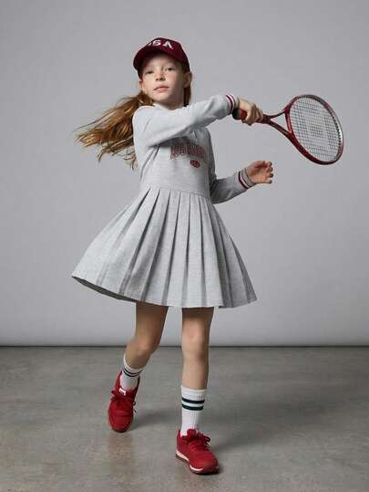 Casuvi Kids Girls' Fashionable Casual Collegiate Printed Striped Pleated Dress, Suitable For School, Daily Wear, Outdoor Sports, Spring/Autumn