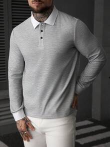 Manfinity Homme Men's Contrast Color Long Sleeve Casual Commuter Polo Shirt - Grey - View 8