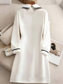 Franclia Women's Elegant Bamboo Print Contrast Binding Collar Long Sleeve Short Dress, Spring/Autumn