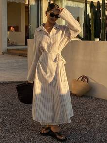 Livesso Spring & Summer Loose Business Casual Vacation Style Fashion Office Wear Street Textured Striped 2 In 1 Waist Tie Wrap Design Long Shirt Dress For Women - Beige - View 5