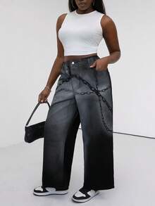 Slaydiva Plus Size Women High Waist Pockets Chain Print Loose Fit Flare Leg Jeans - Black - View 4