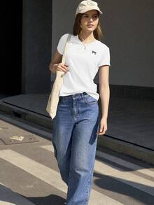 Jouncy Women's Bow Print V-Neck Short Sleeve Casual Versatile T-Shirt - White - View 7