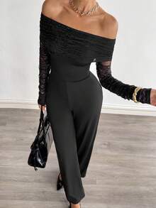 Siren Gaze Damski koronkowy kombinezon z odkrytymi ramionami i dopasowanym krojem, czarny - Czarne - Zobacz 3