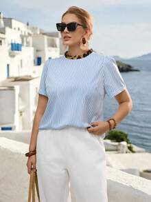 EMERY ROSE Blusa sin espalda de manga corta con estampado de rayas y leopardo en patchwork, elegante y casual para uso diario, talla grande para mujer - Multicolor - Ver 5