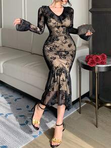 DAZY Elegante vestido vintage francés con cintura plisada, ajustado, con abertura y volantes de encaje en el bajo para mujeres - Negro - Ver 4