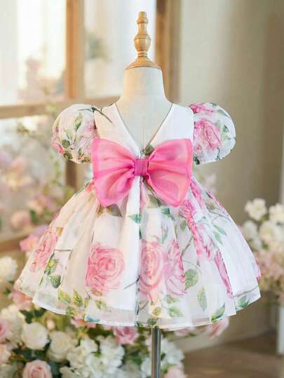 Babygirl Elegant & Cute Organza Floral Print Short Sleeve Princess Dress