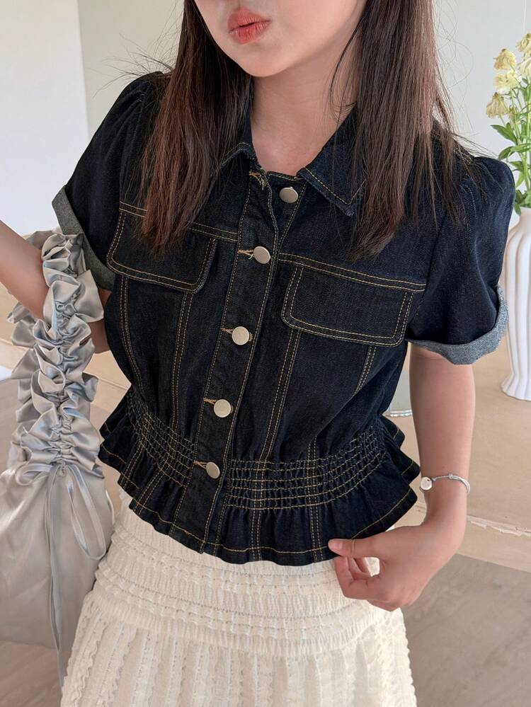 Tween Girls Korean Style Collared Short Sleeve Denim Shirt