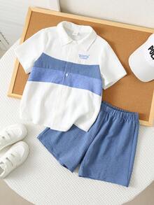SHEIN 两件套男童字母图案撞色 Polo 领短袖开衫和纯色休闲短裤，幼儿男童衬衫套装 - 彩色 - 查看 4