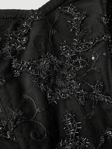 SHEIN MOD 女士串珠刺绣褶皱时尚中长连衣裙，适合情人节、婚礼季、约会、派对等场合。 - 黑色 - 查看 3