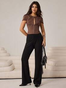 Aidyla Brown Vertical Striped Hollow Zipper Design Fashionable Sexy Women Blouse - Brown - View 1