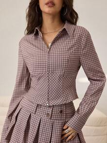 Aidyla 格子拉链长袖短款外套上衣 + 纽扣装饰格子迷你裙性感时尚两件套女装 - 卡其色 - 查看 7