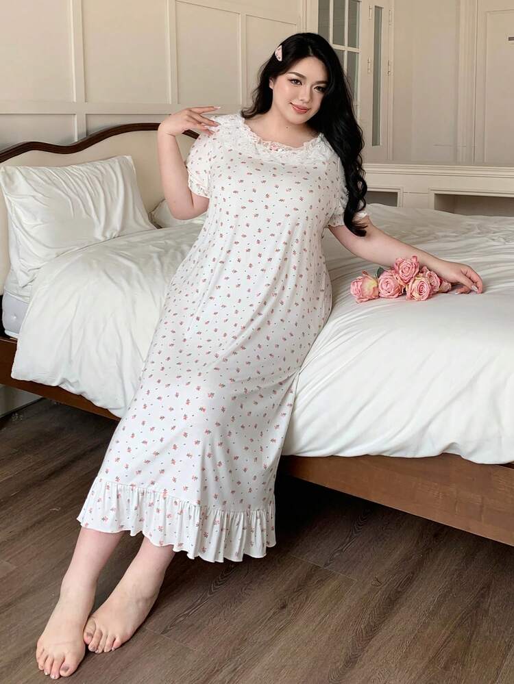 Dazy Plus Floral Contrast Lace Short Sleeve Long Nightgown