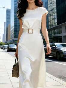 Balvessa Women's White Elegant Waist Cinched A-Line Midi Dress - Beige - View 1