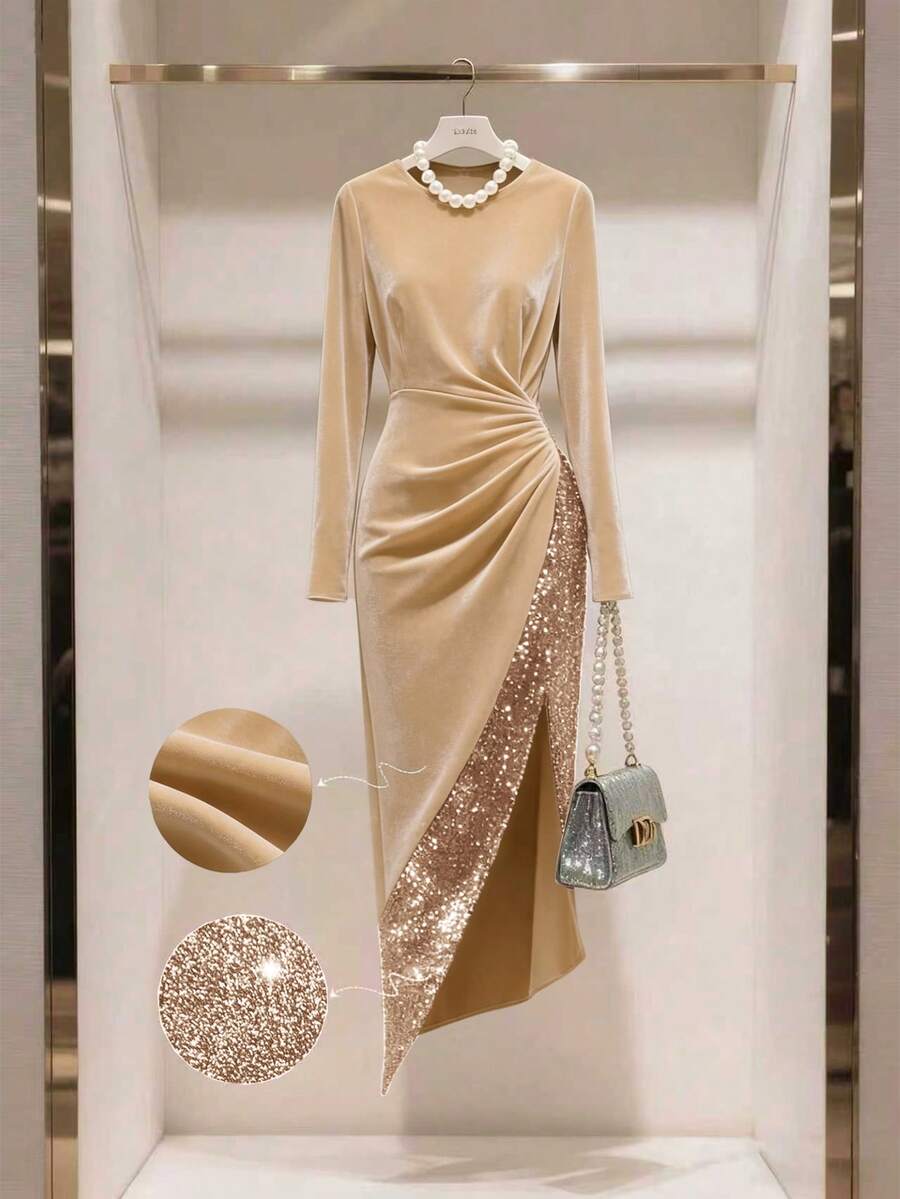 GlowEve Women's Velvet Waist Fitted Elegant Everyday Commute Fashion French Street Retro Versatile Christmas Party New Year Holiday Business Wine Red Long Sleeve Dress, Autumn/Winter - Khaki - View 1