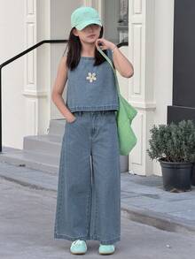 DAZY Tween Girl Sleeveless Round Neck Top And Wide Leg Pocket Jeans Casual Loose Suit - Blue - View 2