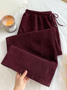 Comfortcana Quần ống đứng dáng rộng, cạp chun, màu đỏ tía, chất liệu nhung gân, kiểu dáng thường ngày, có dây rút, cỡ lớn. - Màu Đỏ Sâu - Xem 8