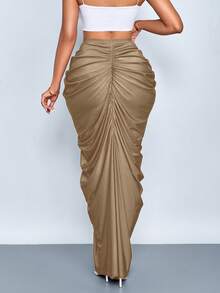 SOLERSUN 女士时尚纯色褶皱半身裙 - 摩卡棕 - 查看 2