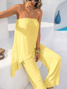 Vivid Eden 2pcs Women Casual Strapless Asymmetrical Hem Top And Loose Wide Leg Pants Set, Textured Fabric, Spring/Summer Vacation - Yellow - View 5
