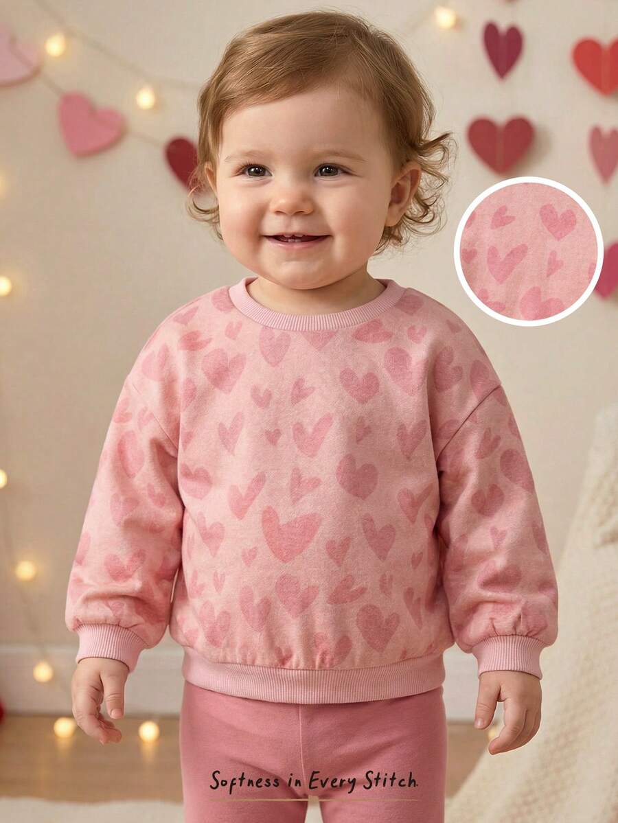 Cozy Pixies Áo len dài tay cổ tròn mềm mại họa tiết trái tim cho bé gái, quần áo trẻ em gái mùa xuân thu, áo thun màu hồng trơn in hình trái tim, áo nỉ cho bé gái, quần áo trẻ em gái, áo liền quần cho bé gái, quần áo trẻ sơ sinh, quần áo bé gái. - Hồng - Xem 1