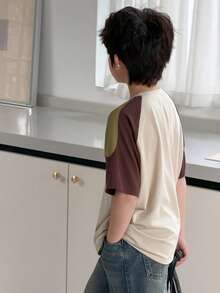 Dazy Kids Tween Boy Summer Casual Daily Commute Fashion Street Letter Print Contrast Raglan Sleeve Loose T-Shirt Spring - Apricot - View 5