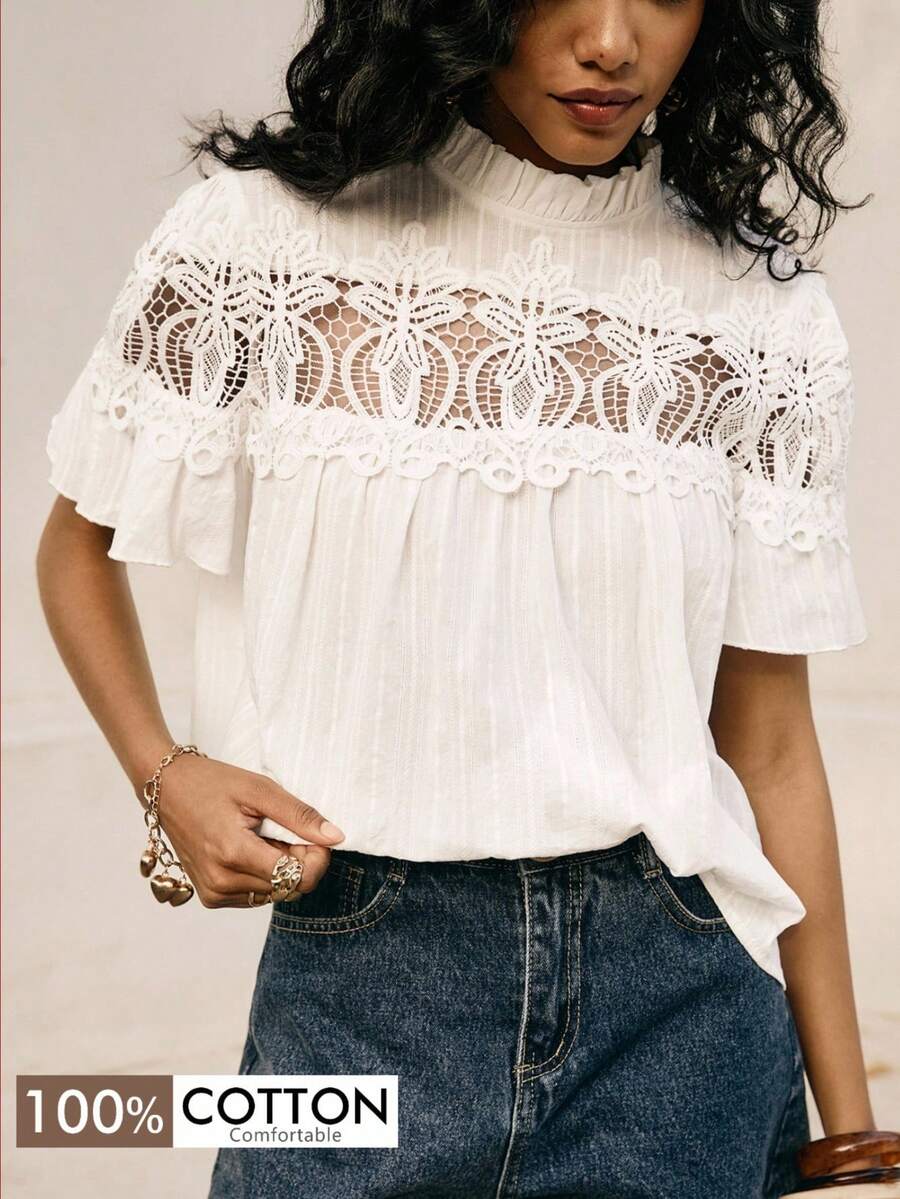 Poéselle 女士纯色刺绣提花面料浪漫蕾丝饰边拼接镂空荷叶边领宽松衬衫 - 白色 - 查看 1