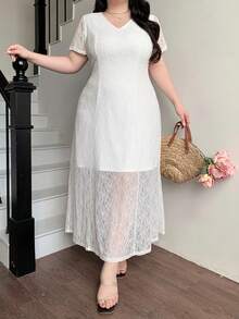 Dazy Plus 弹力修身优雅V领蕾丝短袖白色长裙 - 白色 - 查看 1