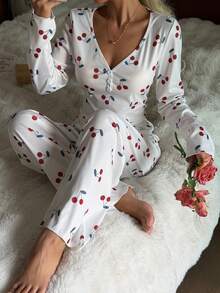 SHEIN 樱桃印花V领修身长袖长裤女士睡衣套装 - 白色 - 查看 6