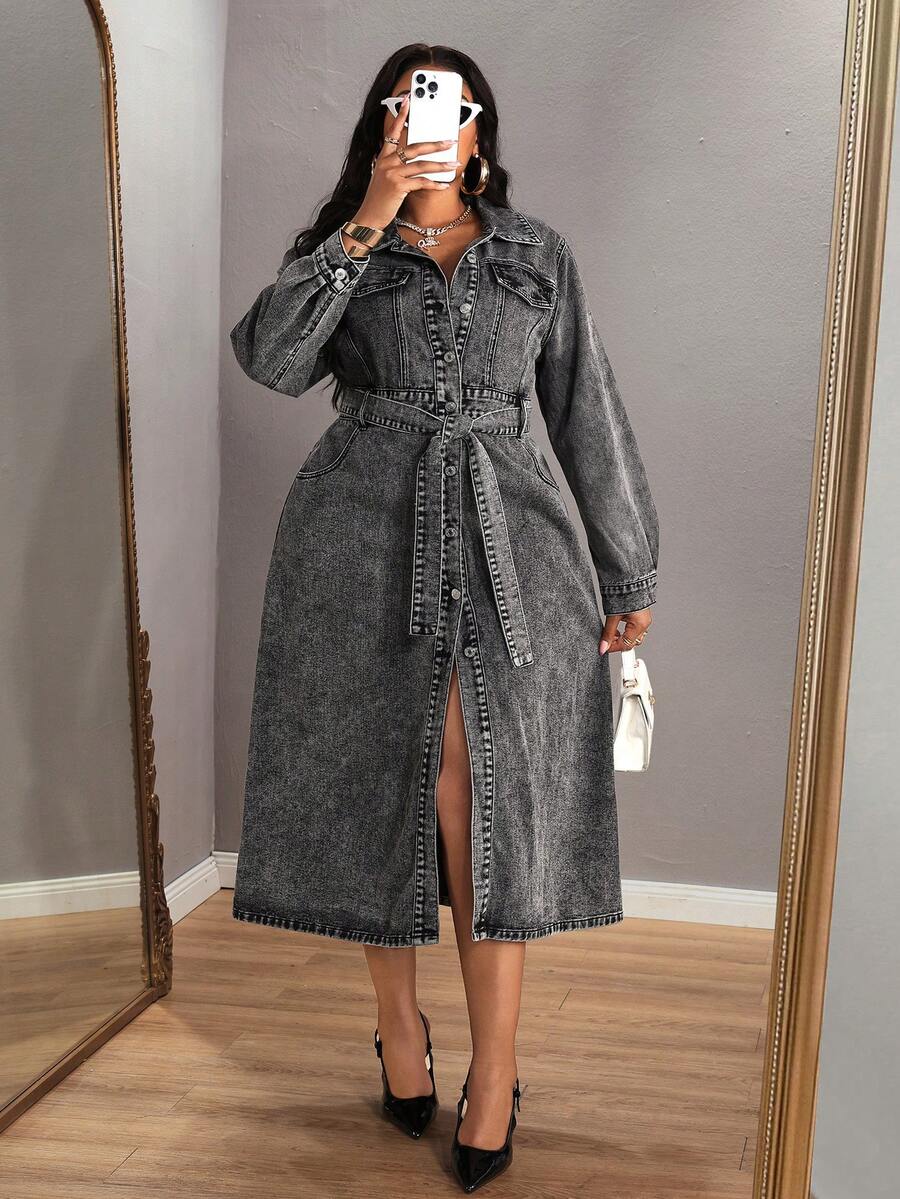 EMERY ROSE 大码女式无弹力牛仔中长连衣裙，单排扣修身复古实用长裙 - 灰色 - 查看 1
