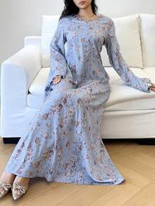 Yasmyna 新款波浪下摆V领宽松优雅碎花休闲连衣裙/束腰连衣裙 - 藍色 - 查看 6