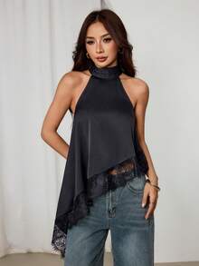 SHEIN PETITE 不对称高领露背吊带上衣，蕾丝边饰，适合晚宴、鸡尾酒会、正式场合，优雅无袖上衣，适合假日、夜间外出、婚礼宾客等夏季和秋季穿着，露肩款式。 - 黑色 - 查看 9