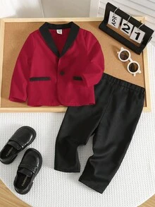 SHEIN 2 件套男婴冬季白色和黑色撞色领子西装外套和松紧腰裤套装，适合生日派对、圣诞派对、洗礼、 1 岁生日庆祝活动、联欢晚会、表演、婚礼、婴儿送礼会等。 - 紅色 - 查看 8
