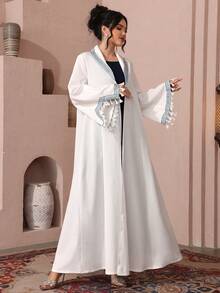 SHEIN Najma 女士白色领口撞色滚边长袖阿拉伯长袍 - 白色 - 查看 5