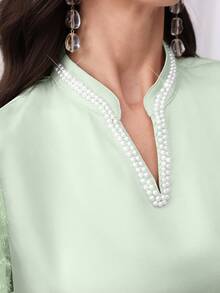 Al Najma 酒红色女士V领喇叭袖仿珍珠装饰优雅阿拉伯连衣裙，优雅端庄魅力束腰长袍阿拉伯连衣裙，适合晚宴/日常休闲穿着 - 綠色 - 查看 7