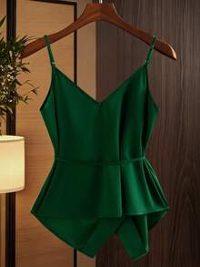 GlowEve CURVE Plus Size Elegant Summer Knot Design Camisole For Night Out Club,Fashionable Dark Green Spaghetti Strap Wrap Top,Emerald Green Vacation Dates Top - Green - View 2
