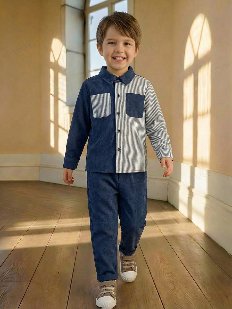 PrepCrw Bộ 2 áo sơ mi tay dài phối túi kẻ sọc phong cách học sinh cho bé trai - Xanh và trắng - Xem 1