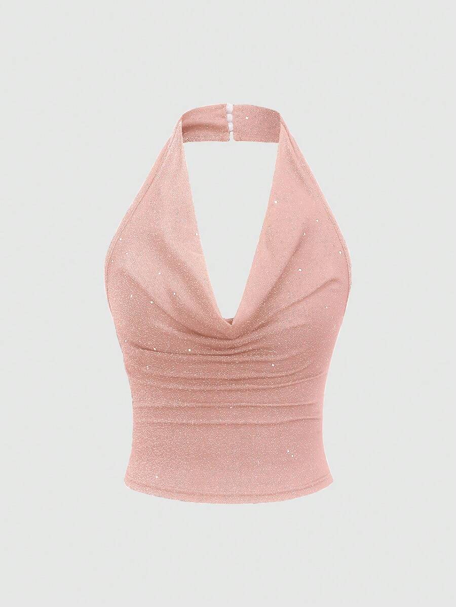 SHEIN PETITE 女士亮片金属针织露背吊带短款背心，性感紧身露背背心 - 粉色 - 查看 1