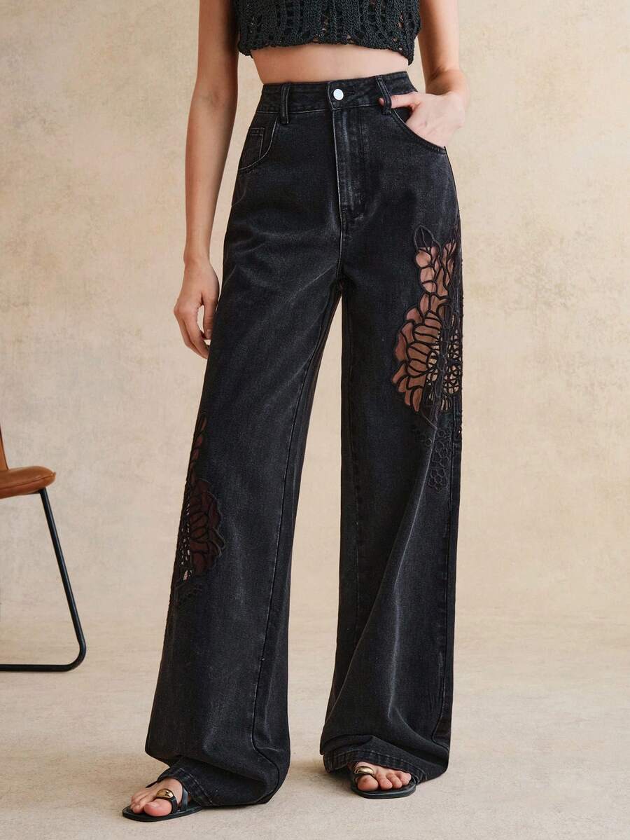 Anewsta Women's Fashionable, Luxurious, Sexy Side Cutout Embroidered Romantic Party Vacation Black Straight Leg Jeans, Spring/Summer - Black - View 1