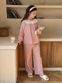 Hapijoa Bộ đồ ngủ kẻ caro cho bé gái tuổi teen, áo và quần có bèo nhún. - Hồng - Xem 3